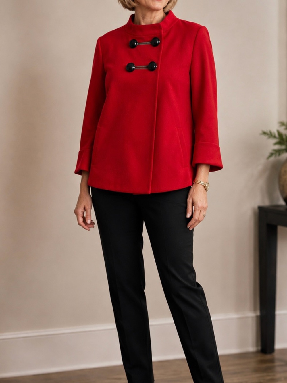 Loft Double Breasted Coat Black Buttons Red L